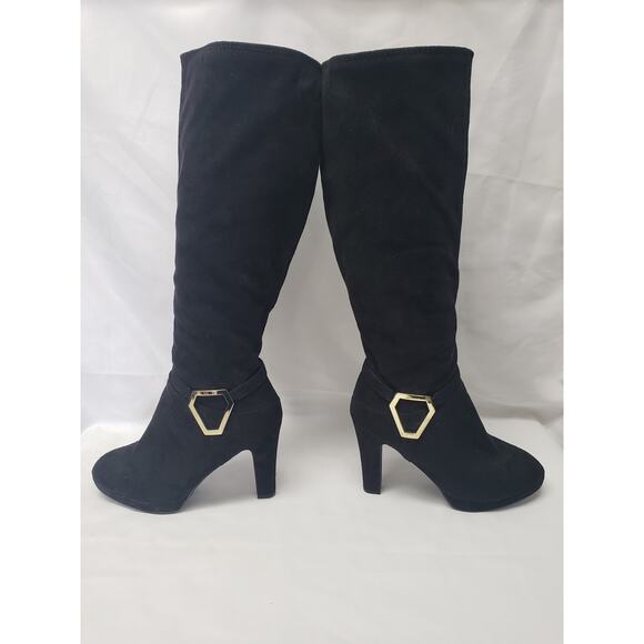IMPO Stretch Black & Gold Suede Knee High Heeled Boots - Size 8 - Picture 3 of 11